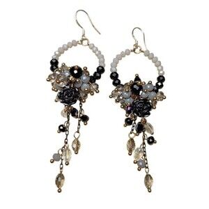 Sterling Silver Black Rose Aurora Borealis Crystal Beaded Dangle Earrings